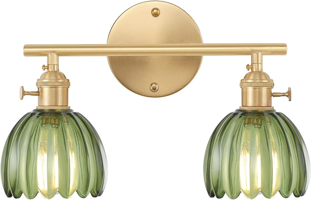 Bathroom Light Fixtures, 2-Light Brass Vanity Wall Light Over Mirror with Green Tulip Glass Shade for Bedroom Living Room (Hardwired, 2 Heads-Tulip Green)