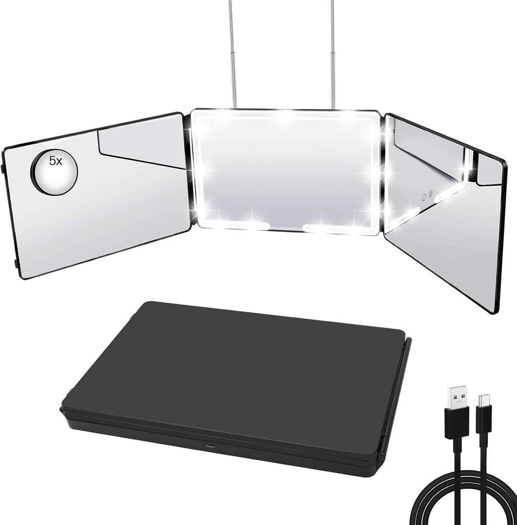 JANMPASK LED 3 Way Mirror for Hair Cutting, Adjustable 360 Trifold Barber Mirror Self Hair Cutting with 3 Color Temps LED Light & Telescoping Hooks for Makeup, Shaving & Styling