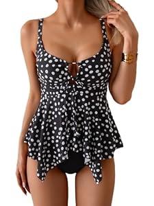 Aidonger Tankini Swimsuit for Women Tummy Control Two Piece Bathing Suit V Neck Flowy Swimwear Top with Bottom Medium