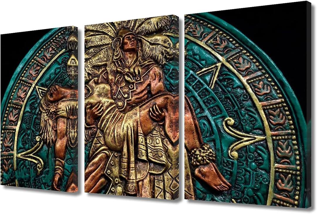 Maya Aztec Pictures for Living Room Maya and Aztec Painting Multi Panel Canvas Wall Art Mayan Aztec Warrior Artwork Modern Home Decor Wooden Framed Giclee Ready to Hang, 36" Wx24 H