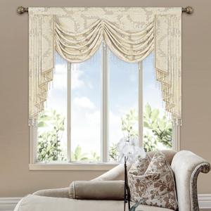 Loom and Mill Luxury Jacquard Waterfall Valance for Living Room, Elegant Damask Swag Window Valances with Beads, Beige Swag Curtains for Bedroom Banquet Holiday Decoration(W59Inch,1 Panel)