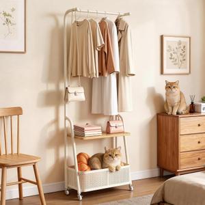 Coat Rack Freestanding with Wheels, 3-Tier Storage Garment Rack with Storage Basket, Rolling Organizer for Coats, Hats, Bags & Clothes, Coat Hanger Stand for Entryway Bedroom (H 66.9" x W 24)