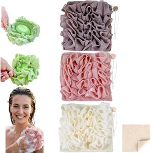 Washcloth Loofah Combo 2-in-1 Loufee Wash Cloth that Holds Bar Soap-Exfoliation Mesh Shower Ball for Body Wash&Smooth Skin+Free Loofah Dish Towel