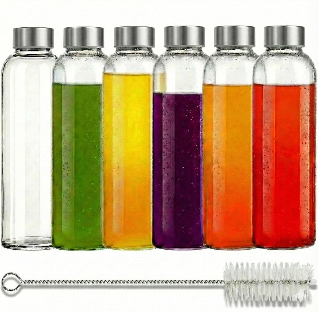 Brieftons Clear Glass Water Bottles With Caps: 6 Pack, 18 Oz Premium Soda Lime, Reusable Drinking Bottle, Sauce Jar, Juice Beverage Container, Kefir Kit, With Leakproof Lids and Cleaning Brush