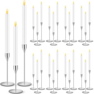 30 Pcs Silver Candlestick Holders with LED Flameless Candles Bulk Includes 15 Metal Candle Holders and 15 Battery Operated Candles for Wedding Table Centerpieces Home Decor