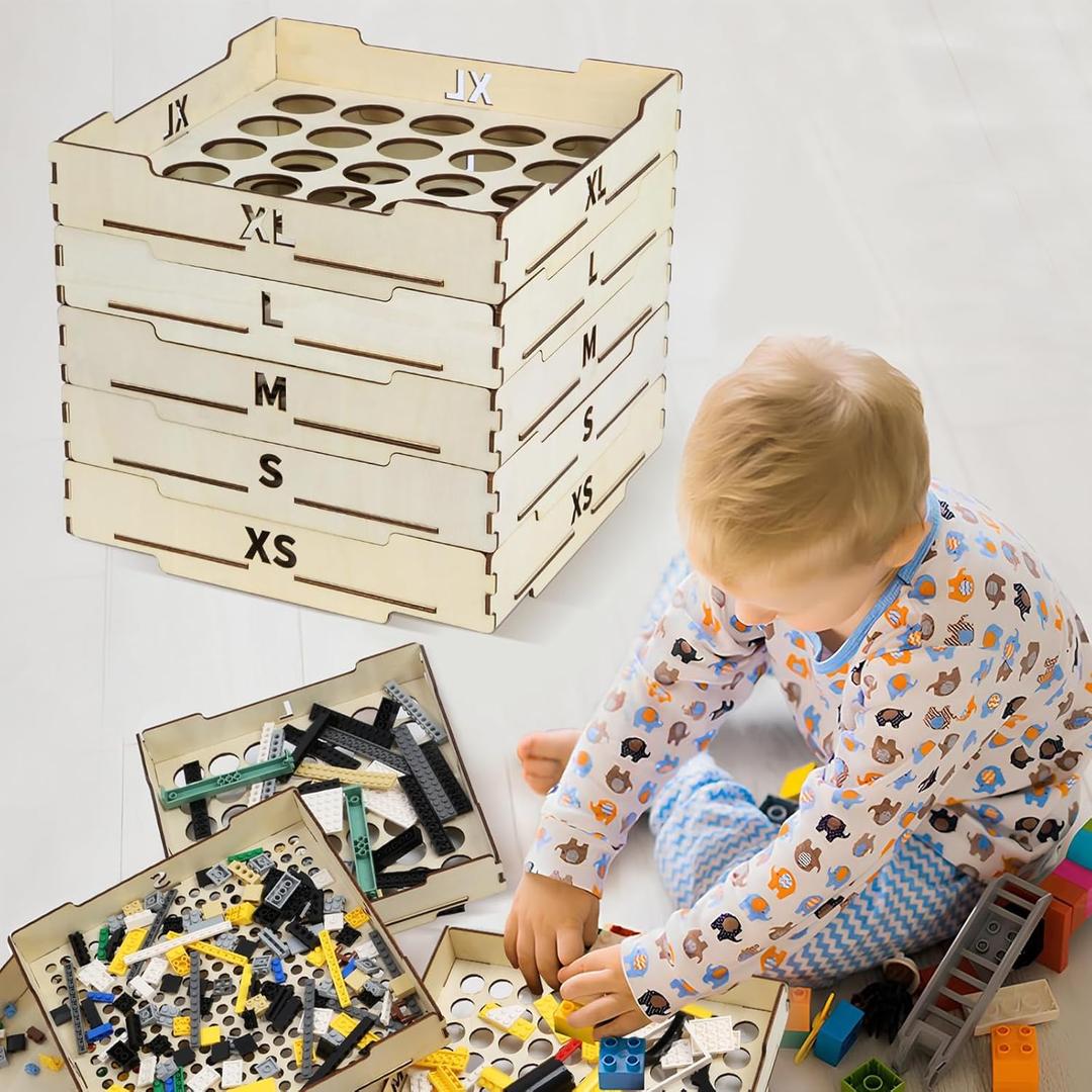 Toy Block Sorter Sifter, 5 Different Size Toy Block Sorting Boxes, Wooden Storage Box for Building Blocks, Birthday Gift Boys Girls and Adults