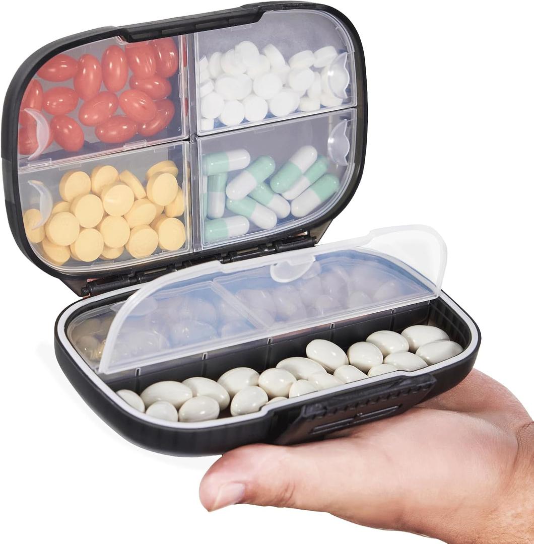 Sukuos Travel Pill Organizer Weekly with Double Lock, Portable Pill Box with Large 7 Compartment, Airtight Daily Medicine Case Container with Labels for Vitamins/Fish Oils/Supplements (Black)