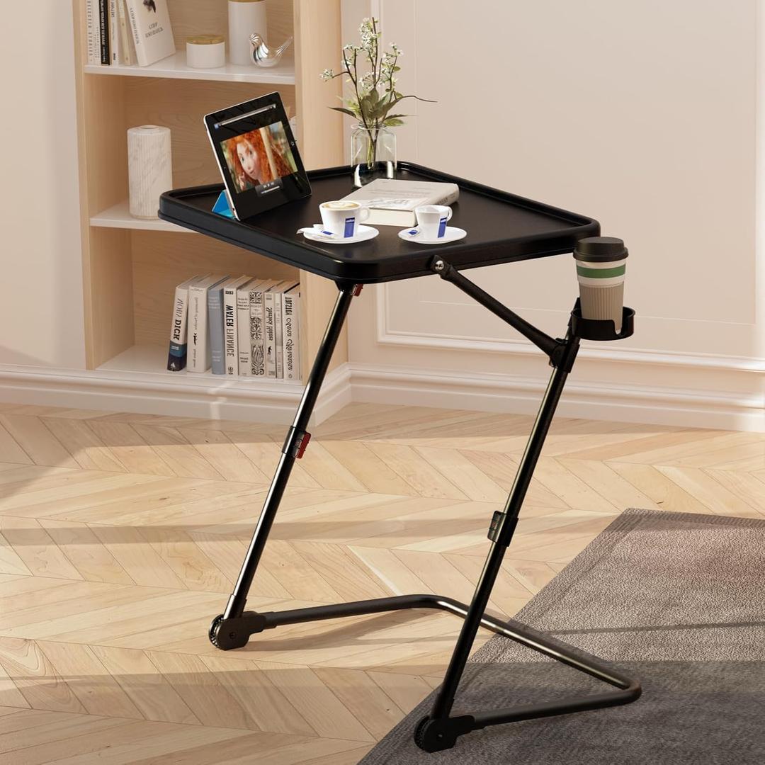 TV Tray Table with Cup Holder Adjustable Folding, TV Dinner Tray for Living Room,Small Space,Office.Portable TV Tray with 4 Height and 3 Angle Adjustments, Black