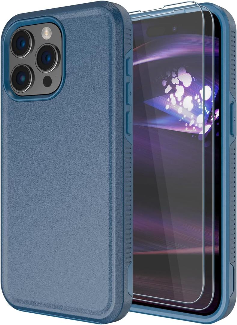 Diverbox for iPhone 15 pro max Case [Tempered Glass Screen Protector] [Shockproof] [Dropproof] Heavy Duty Protection Phone Case Cover (Blue-2-in-1)