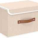 Yawinhe Collapsible Storage Boxes, Linen Fabric Baskets, Bin with lid and Leather Handle, Washable, for Home, Closet, Beige, 15.0''Lx9.8''Wx9.8''H, 1-Pack, USNK024BEL-1