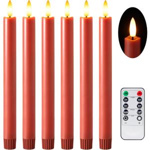 Terra Cotta Flameless Taper Candles with Remote and Timer, 6 Pack LED Candlesticks, 10 Inch Fall Taper Candles Battery Operated with 3D Flickering Flame, Thanksgiving Candle for Table