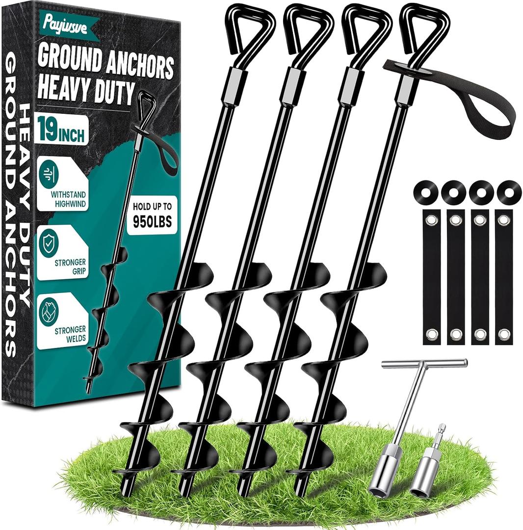 19-Inch Ground Anchors Heavy Duty, Trampoline Stakes Anchors Screw-in for High Wind, Earth Anchor with Strong Straps for Swing Sets, Trampolines, Mobile Home, Sheds, Carports(4x19in)