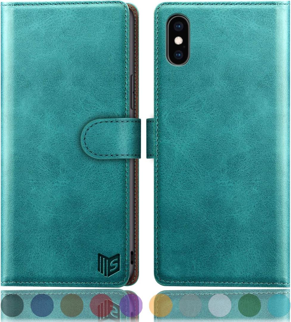 SUANPOT for iPhone X/XS 5.8"(Non XS Max 6.5")with RFID Blocking Leather Wallet case Credit Card Holder, Flip Folio Book Phone case Shockproof Cover for Women Men for Apple X/Xs case Wallet Blue Green