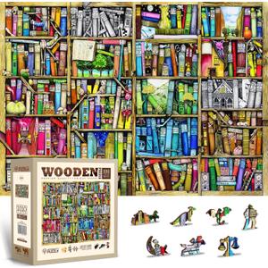 WOODEN.CITY Wooden Puzzle - Bookshelves | 1000 Pieces with 100 Unique Book-Themed Shapes | European Craftsmanship | 20.4 x 14.8 in | Perfect for Adults, Puzzle Enthusiasts, and Book Lovers