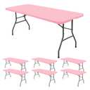 6 Pack Fitted Tablecloth for 8 Foot Rectangle Tables, Pink Elastic Outdoor Picnic Table Cover, Washable Stretch Folding Table Cloths 8 ft for Camping Party Patio Kitchen Banquet, 30" W x 96" L
