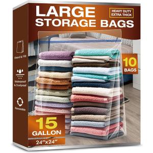 15 Gallon Large Storage Bags, 3.5 Mil Thick Clear Plastic Zipper Bags with Handles, 24" x 24" Large Heavy Duty for Home, Travel, and Moving (10 Packs) 15 Gallon Large Storage Bags, 3.5 Mil Thick Clear Plastic Zipper Bags with Handles, 24" x 24" Large Heavy Duty for Home, Travel, and Moving (10 Packs)