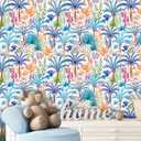 practicalWs Peel and Stick Wallpaper Boho 17.7" x 393.7", Colorful Floral Contact Paper for Bedroom Decor, Modern Coconut Tree Self Adhesive Removable Mural, Vinyl Wall Paper Roll (Blue)