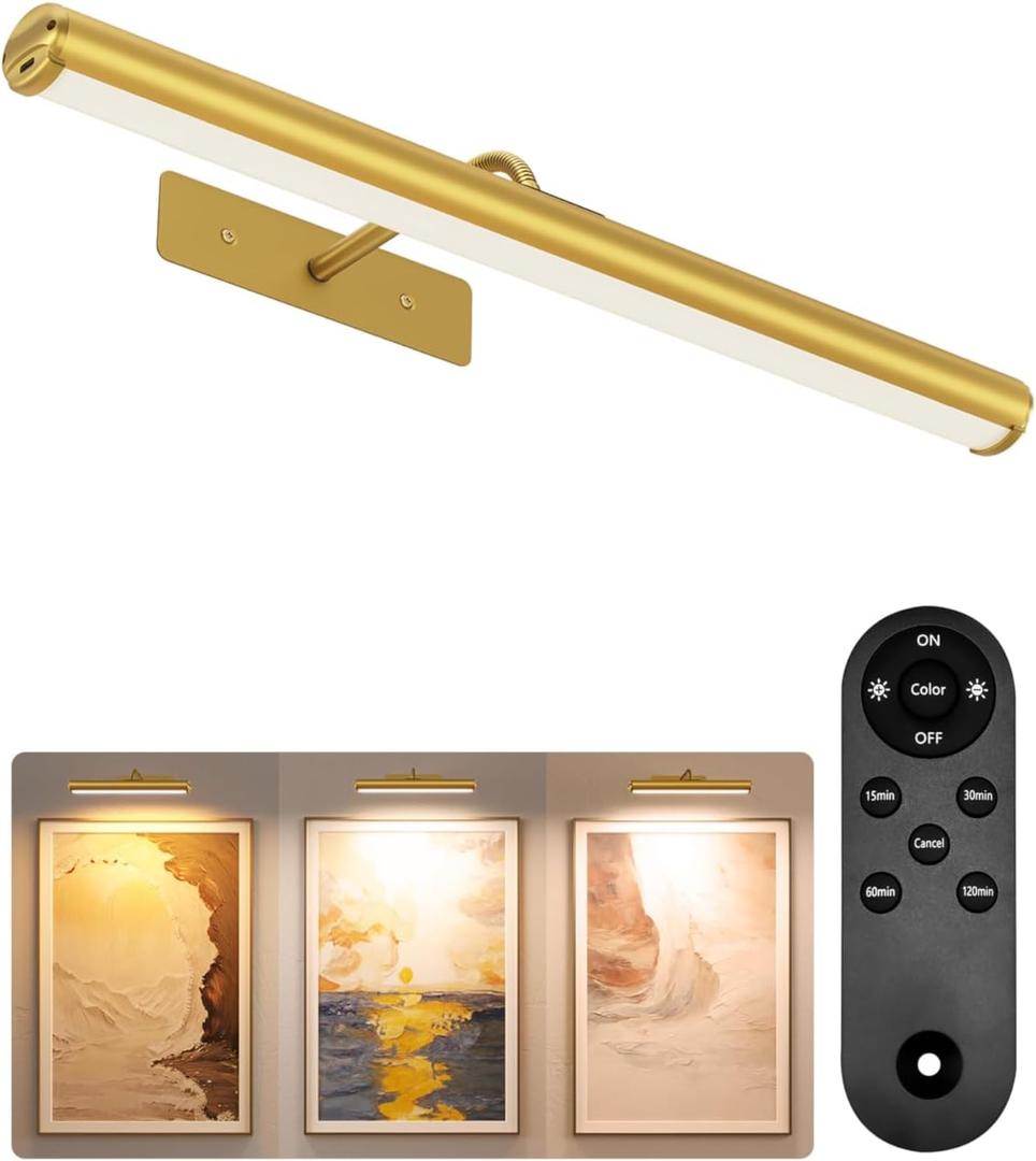 EZVALO Picture Lights for Wall, 6000mAh Rechargeable Battery 16″ Painting Light with Remote, 3 Color Temps Wireless Art Light for Gallery, Living Room, Hallway (Gold)