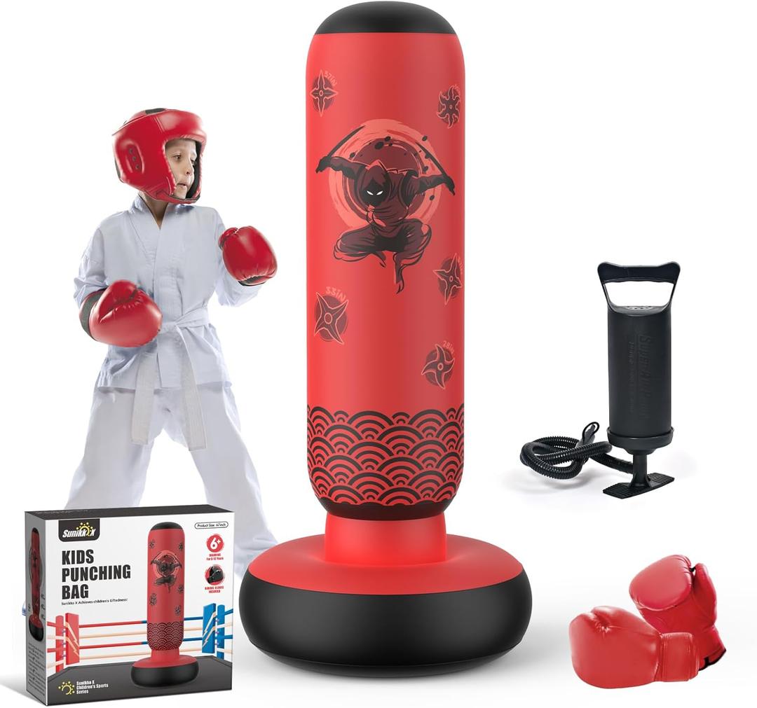 Tall Punching Bag for Kids, Larger 66 Inch Inflatable Stable Boxing Bag for Teens, Ninja Shuriken Toy Gifts for Boys Girls, Boxing Set with Gloves and Pump for Practicing Karate Taekwondo (Red)