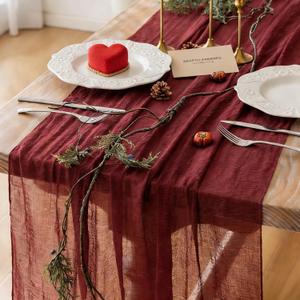 Keketoarrange Burgundy Table Runner Valentines Decor Red Cheesecloth Gauze 120 Inch 10 FT Rustic Boho Cheese Cloth Runner for Wedding Baby Bridal Shower Party Long Sheer Spring Home Decorations