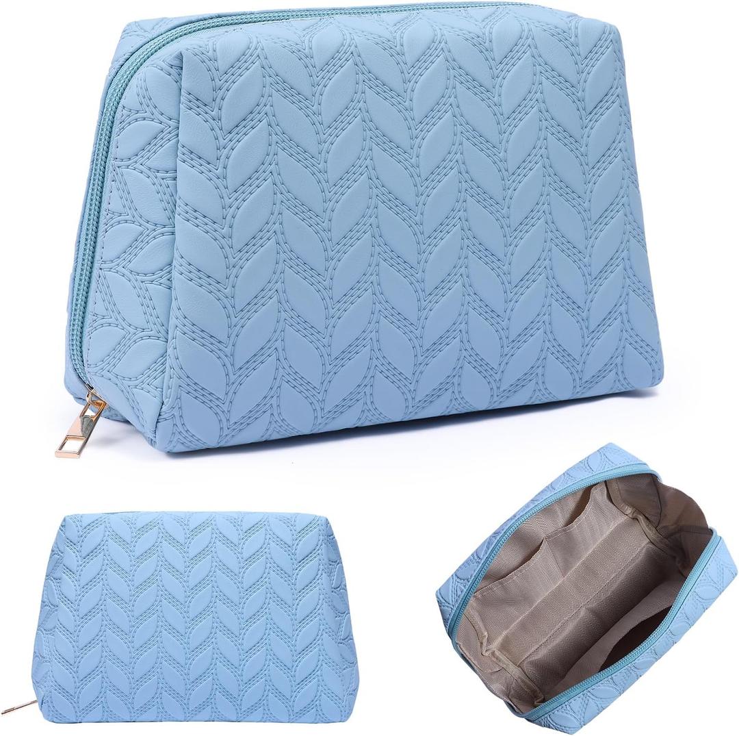 Cute Makeup Bag Quilted Small Makeup Bag Cosmetic Bags for Women Travel Toiletry Pouch Organizer Bag, Blue 