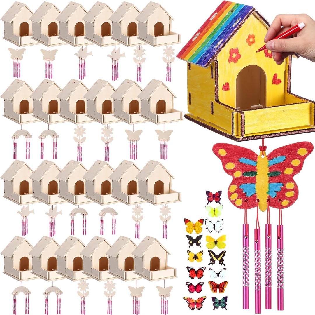 Feifeiya 24 Sets DIY Birdhouse Wind Chime Kit Build and Paint Birdhouses Wooden Arts 24 Unfinished Wooden Bird House 24 Wind Chime 38 Butterfly Sticker 24 Watercolor Arts for Activity(Classic)