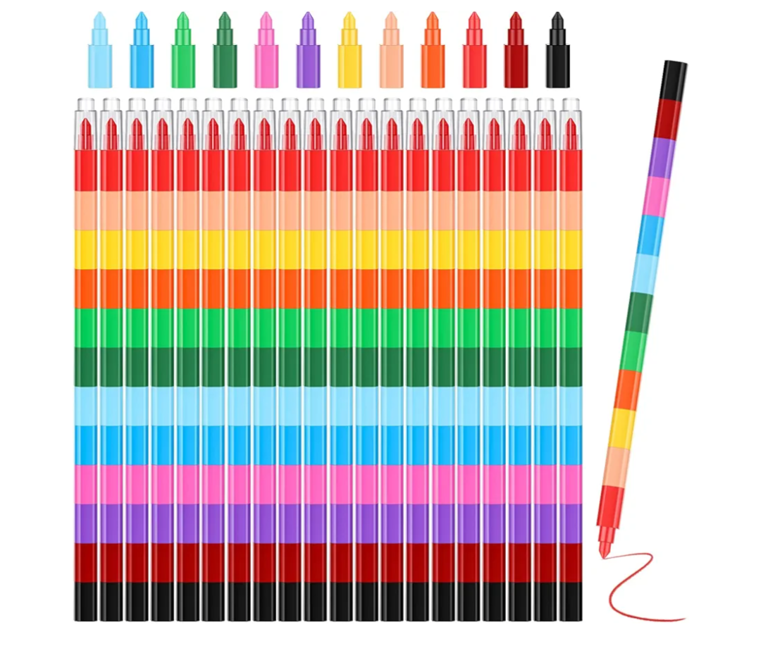 Marspark 20 Pcs Stackable Crayons Stacking Buildable Crayons Colorful Stackable Pencils Party Favors DIY Rainbow Pencil for School Office Birthday Party, 12 Colors(Vivid Color,Flat)