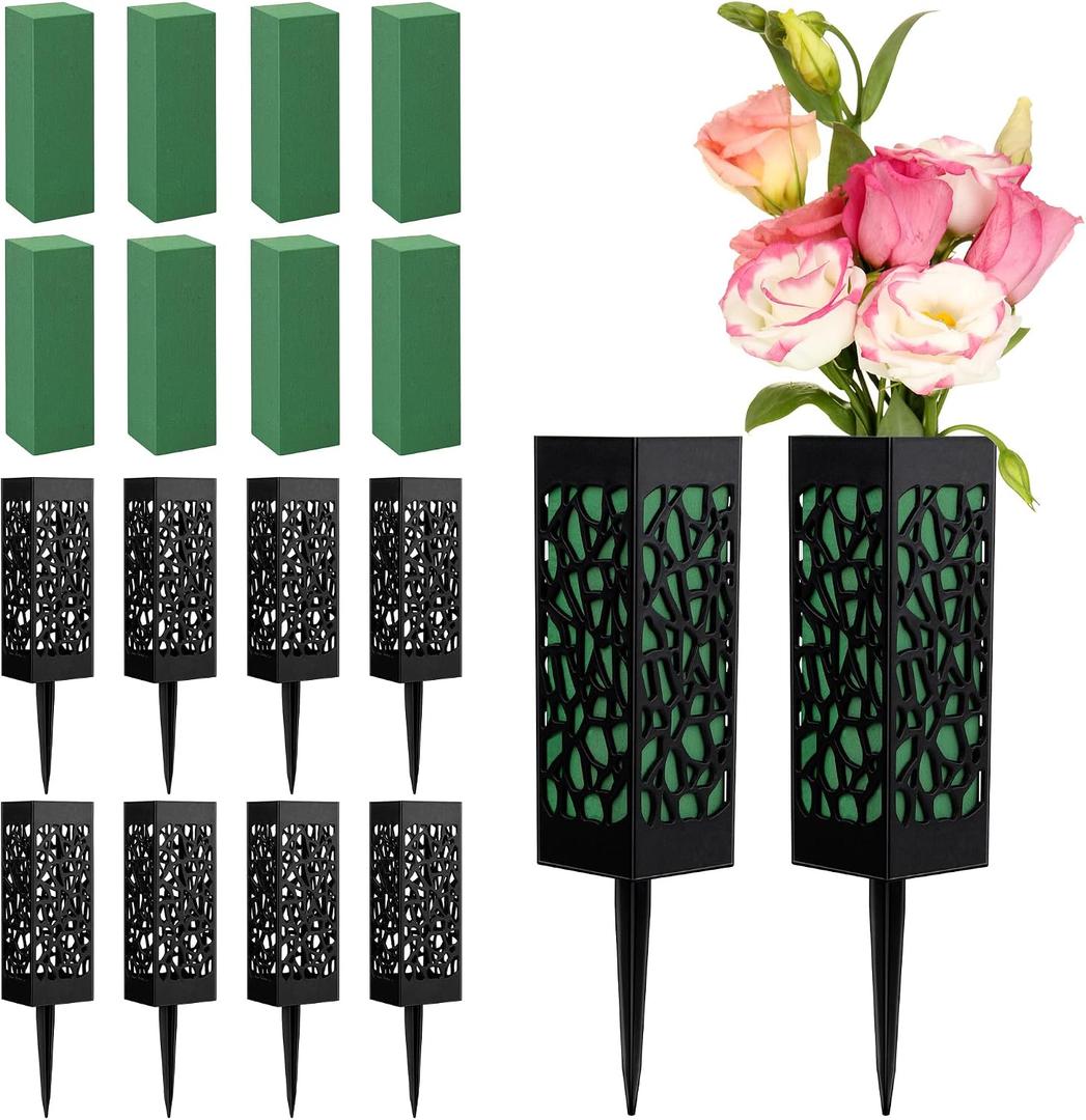 Hahood 8 Packs Cemetery Vases with Spikes and Foam Plastic Grave Vase Outdoor In Ground Cemetery Grave Flower Holders Memorial Gravestone Headstone Flower Vase for Cemetery Grave Decoration
