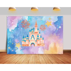 7X5ft Princess Castle Backdrop Watercolor Pastel Rainbow Golden Fireworks Ribbon Cartoon Castle Happy Birthday Backdrop for Girls Party Decoration Banner Photo Booth Props