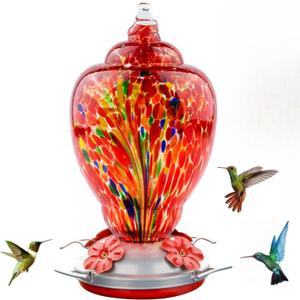 WOSIBO Hummingbird Feeder for Outdoors Patio Large 32 Ounces Colorful Hand Blown Glass Hummingbird Feeder with Ant Moat Hanging Hook, Rope, Brush and Service Card (RED-Firework)