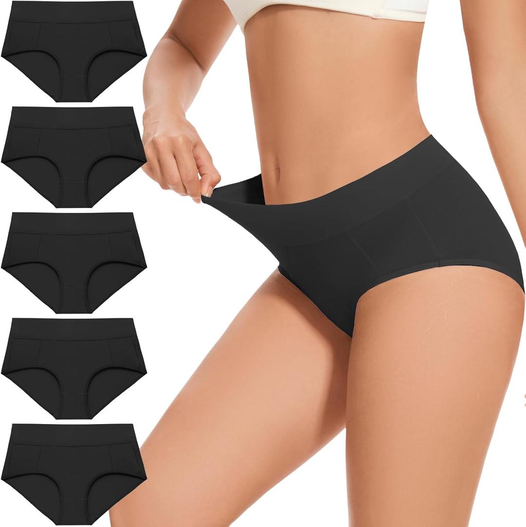 Underwear for Women Cotton High Waisted Briefs Full Coverage Underwear Soft Strech Breathable 2 Pack (Medium, Black Set 5pack)