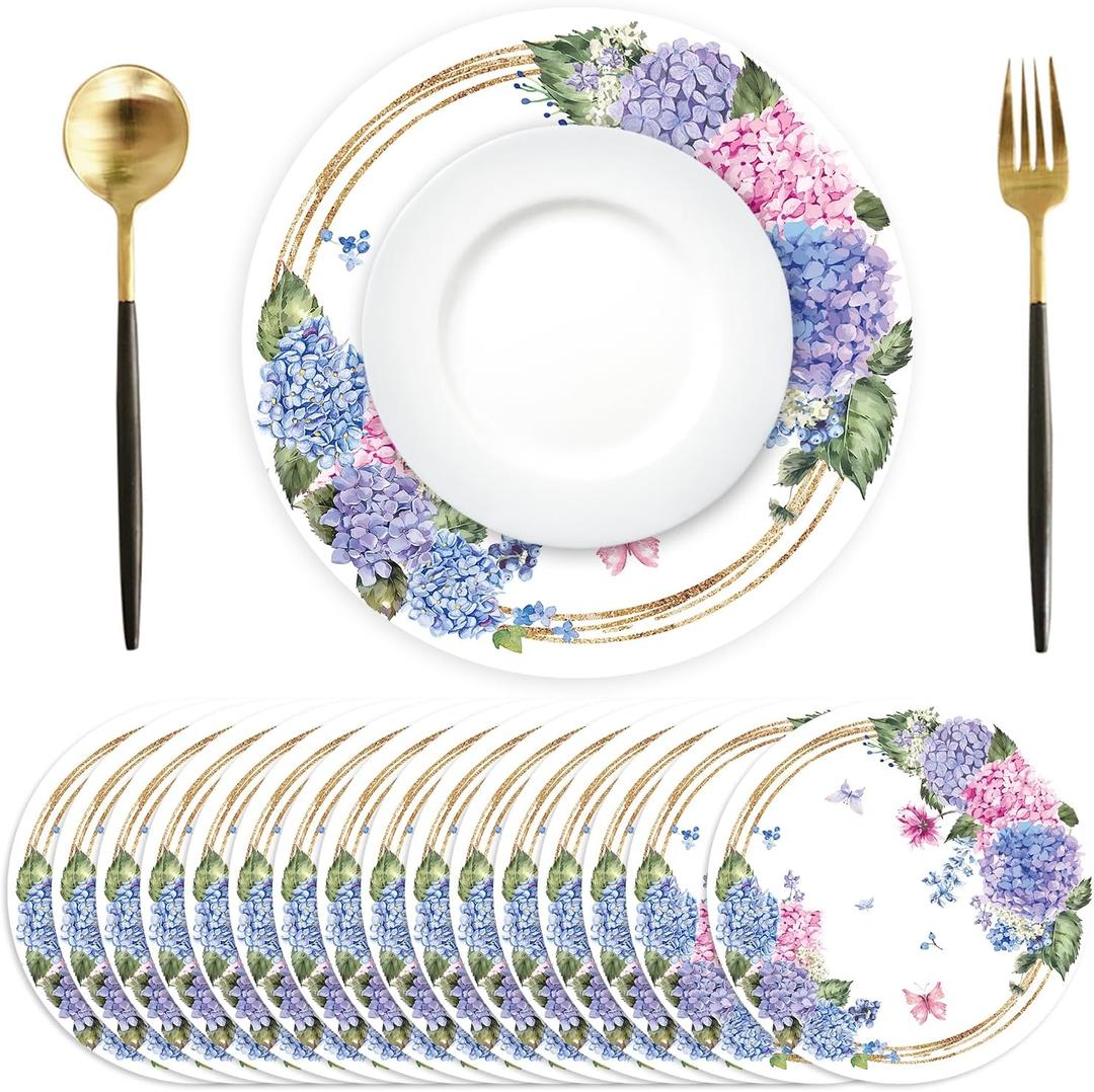Paper Placemats Disposable 50 Pack Hydrangea Placemats 13.4 Inch Hydrangea Floral Place Mats Round Table Mats Spring Summer Table Mats for Birthday Wedding Party Supplies