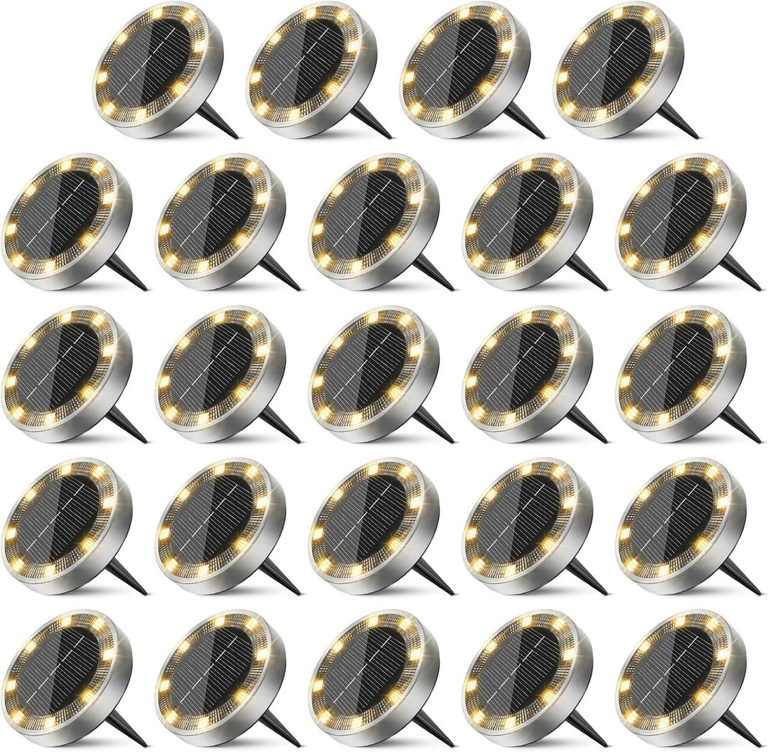 24 Pack Solar Ground Lights Outdoor, 8 LED Mini Flat Solar Disc Lights, IP65 Waterproof Pathway Lights Solar Powered, Landscape Lighting for Garden Walkway Driveway Yard Lawn,Warm White