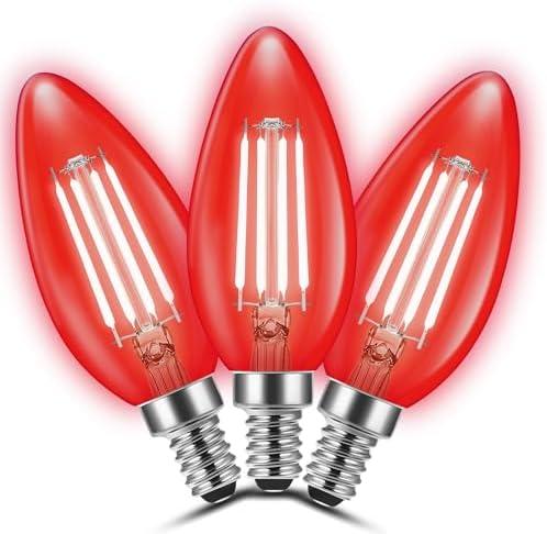 E12 LED Red Light Bulb for Halloween, C35 LED E12 Filament Candle Bulb 4W (40W Equivalent) E12 Base Red Lighting for Christmas, Party Decor, Sleep Lights, Bedroom, Porch Lights, Non-Dimmable, 3 Pack