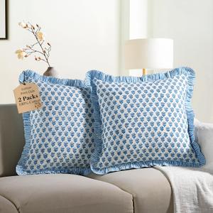 CPC Apatite Blue Ruffle Throw Pillow Covers for Couch, 24x24 Inch Cotton Stripe Ruffle Couch Pillows for Living Room, Hidden 20 Inch Zipper Boho Pillow Case or Cute Outdoor Pillows