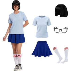 6 Pcs Halloween Nerd Costume for Women, Classic Movie Characters Costume with Black Bob Wigs Blue Top & Skirts Socks Glasses (X-Large)