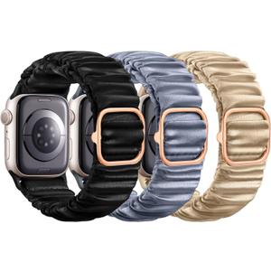 Compatible with Apple Watch Bands for Women 41mm 40mm 38mm 42mm 44mm 45mm 46mm, Scrunchie Stretchy Sport Band Strap Replacement for Apple Watch SE iWatch Series 10 9 8 7 6 5 4 3 Accessories (Walnut/ Blue Gray/ Black)