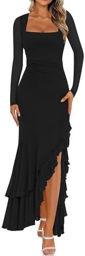 BORIFLORS Women's Bodycon Ruched Mesh Long Sleeve Maxi Dress Mermaid Ruffle Formal Cocktail Party Long Dresses, XL