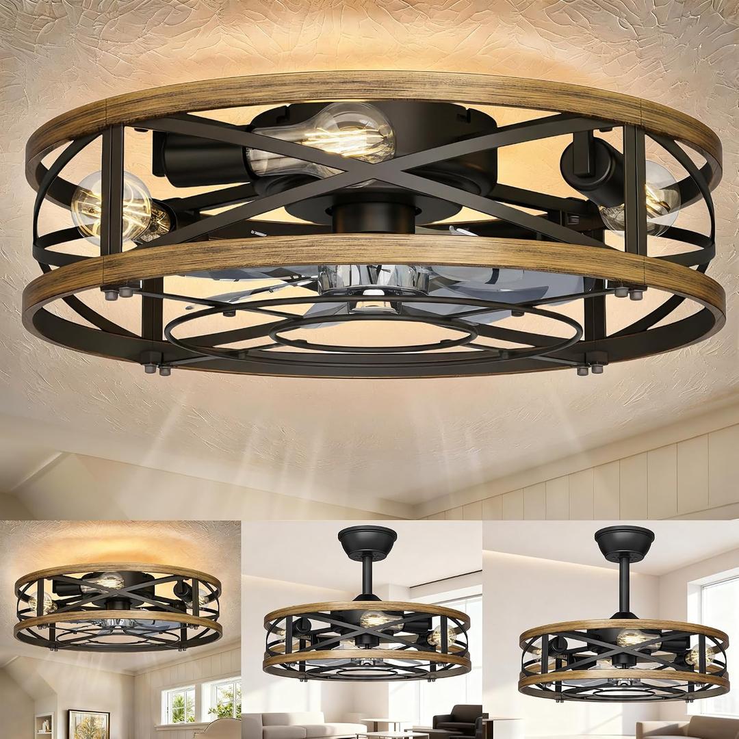 Caged Ceiling Fan with Lights,20in Low Profile Ceiling Fan, Small Rustic Industrial Farmhouse Ceiling Fans with Lights, Reversilbe Flush Mount Fandaliers Fan Light Ceiling Fixture for Bedroom Kitchen