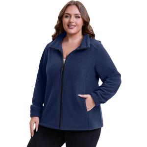 HHE Women Plus Size Fleece Jacket Zip Up Lightweight Soft Polar Fleece Jacket (Navy Blue, 2X)