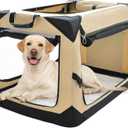Pettycare 42 Inch Collapsible Dog Crate for Large Dogs, 4-Door Foldable Soft Kennel With Chew Proof Mesh Windows, Indoor & Outdoor Travel, Beige