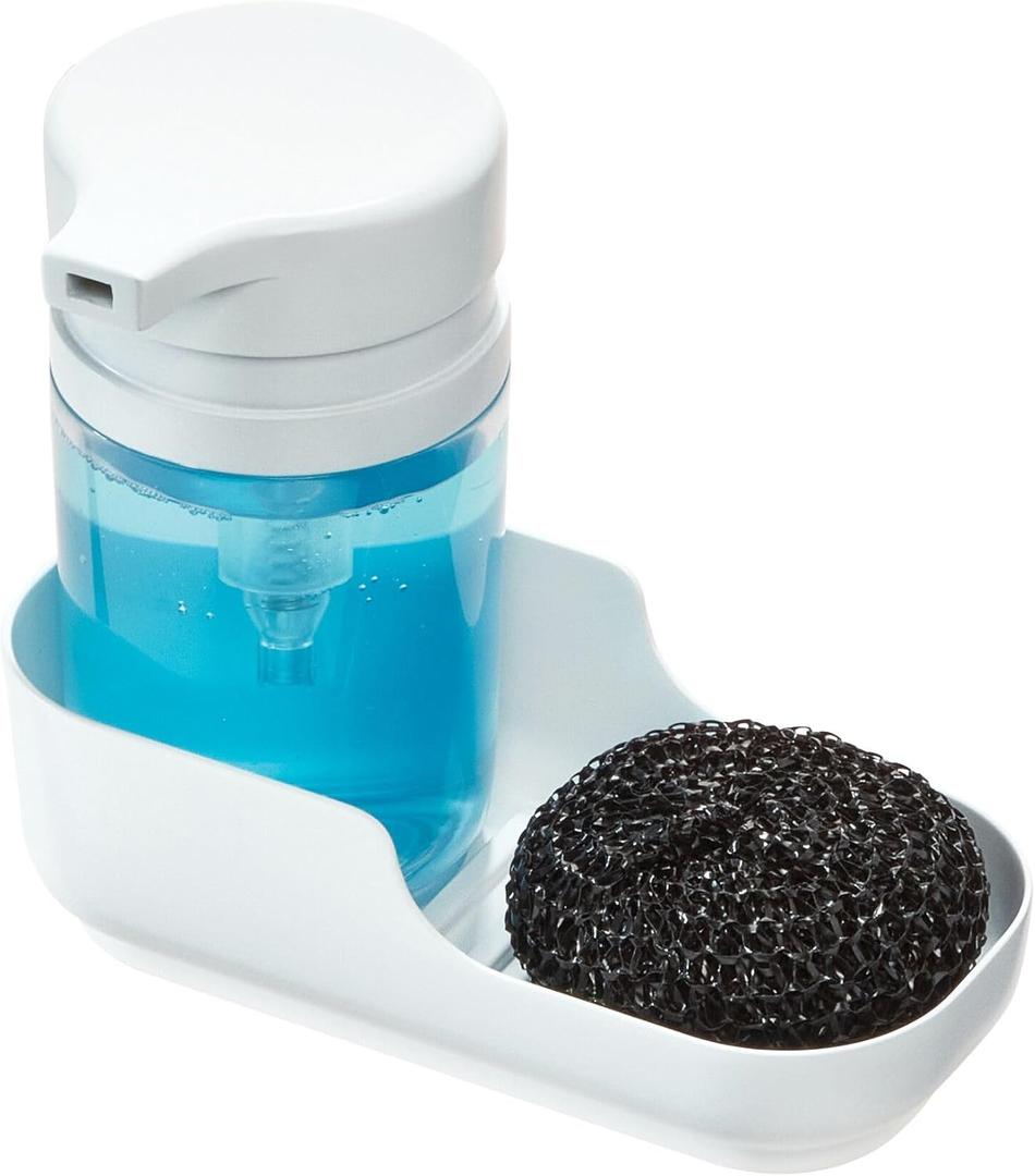 iDesign Plastic Kitchen Sink Caddy Sponge Holder with Soap Dispenser - White/Clear