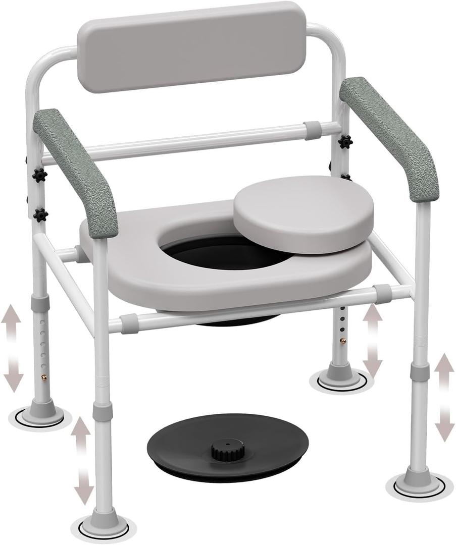 Adjustable Medical Bedside Commode Chair with Padded Backrest, Drop Arm Support, Height Adjustable White