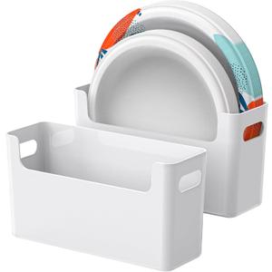 2Pcs Paper Plate Dispenser for 6-9.5 Inch Disposable Plates, Space-Saving Plastic, Foam and Paper Plate Storage Organizer for Cabinet, Countertop, RV or Outdoor (White)