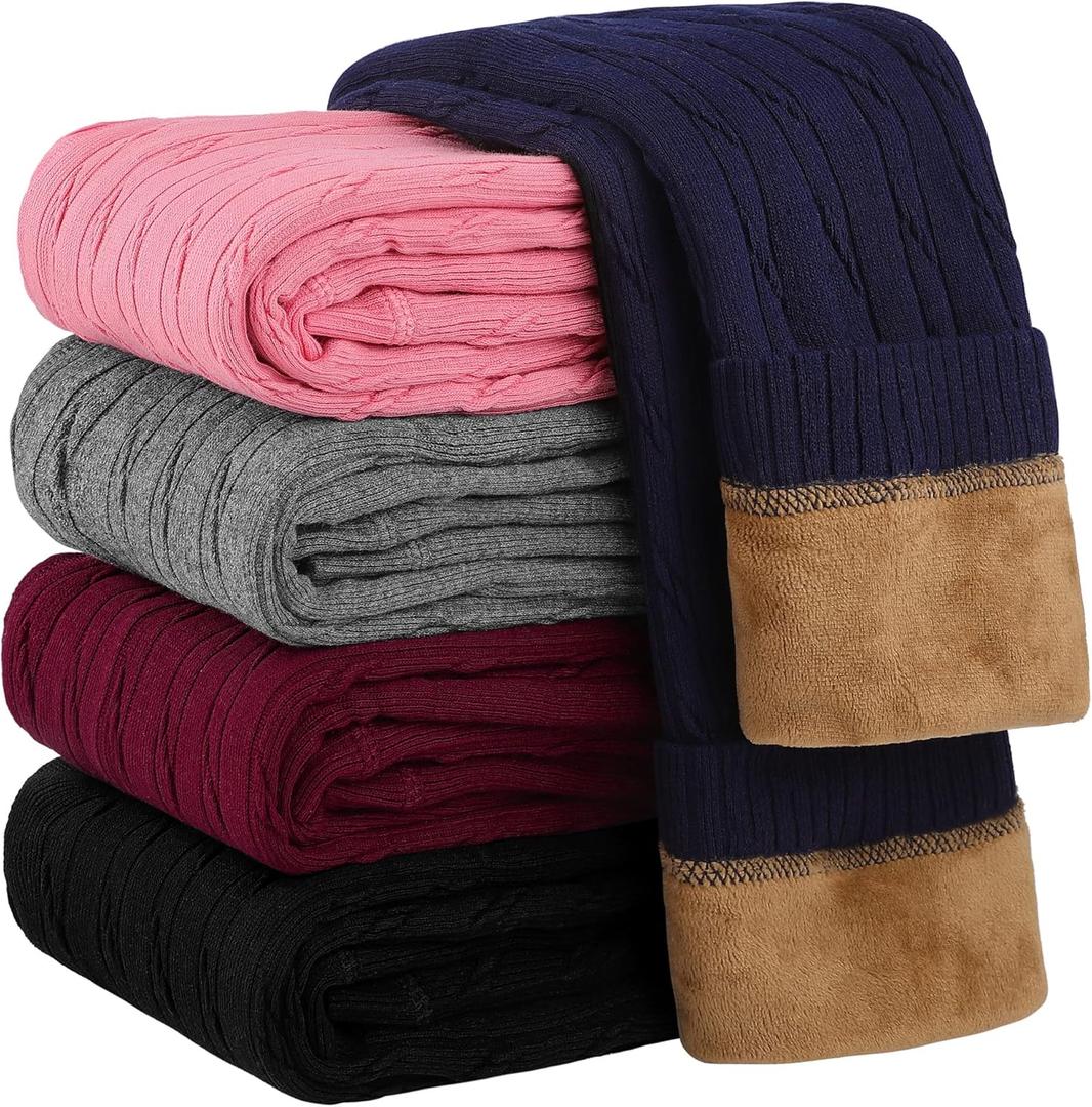 Resinta 1 Pair Toddler Girls Cotton Fleece Lined Leggings Thick Thermal Pants Warm Cable Knit Velvet Tights (4T, Navy)