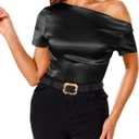 VIDUSSA Off Shoulder Tops for Women - Silk Satin Blouse Dressy Casual Short Sleeve Ruched Asymmetrical Summer Shirts (XX-Large, Black)