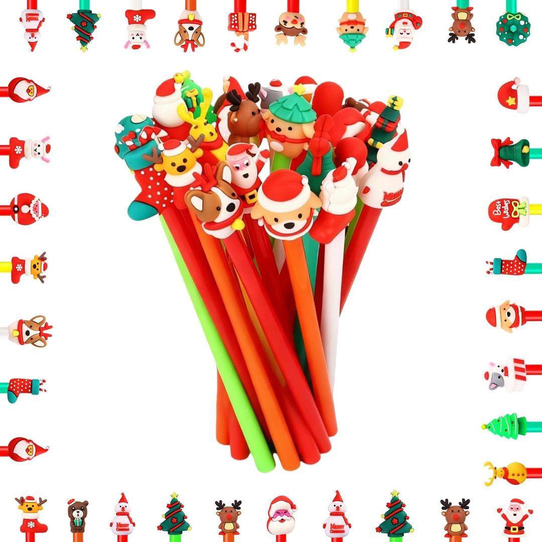 25 Pack Christmas Pens Bulk - Multestyle Cartoon Design Holiday Pens, Featuring Santa Claus, Snowman, Reindeer & Xmas Tree Patterns