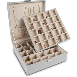 Frebeauty Earring Organizer Classic Jewelry Box 50 Slots Double Layer Jewelry Storage Case with 6 Necklace Hook and Bracelet Pocket(Grey)