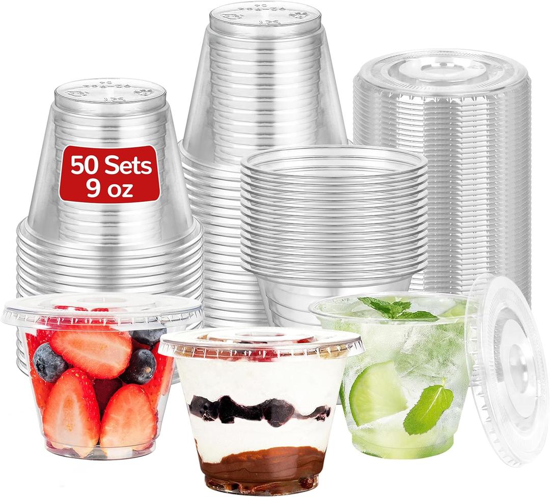 9oz Clear Plastic Cups with Flat Lids No Hole Small Party Picnic Cups Disposable Bulk for Dessert Fruit Yogurt Parfait Snack Treat Serving (50 Sets)