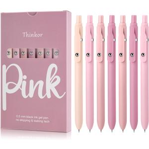 thinkor Pink Gel Pens Black Ink, 7 Pcs 0.5mm Quick Dry Fine Point Smooth Writing Pens, Cute Office School Supplies Gifts for Women Student